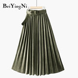 Autumn Winter Skirt Women With Belt Long Metallic Silver Maxi Pleated Skirt Midi High Waist Fashion Vintage Saia