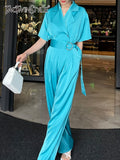 Elegant Blue Jumpsuit For Women Notched Collar Long Sleeve High Waist Solid Jumpsuit Female Spring Clothing