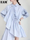 Women Blue Ruffles Irregular Shirt Dress New Lapel Three-quarter Sleeve Loose Fit Fashion Tide Spring Summer 2023