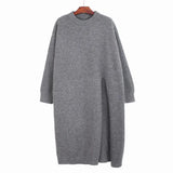 Slit Long Casual Knitting Sweater Loose Fit Round Neck Long Sleeve Women Pullovers New Fashion Autumn Winter 2022
