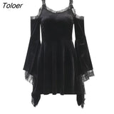 Flare Sleeve Black Dress Women Aesthetic Velvet Vintage Lace Autumn Dress Off Shoulder Elegant Party Dress