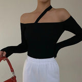 Slim Black Sweater For Women Irregular Collar Off Shoulder Long Sleeve Minimalist Knitting Pullover Female