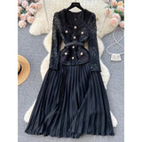 Toloer Small Fragrant Wind Dress Female Senior Sense Heavy Industry Nail Bead Metal Buckle Square Collar Lace Stitching Pleated Fairy