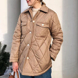 Argyle Casual Buttons Parkas Women Fashion Turn Down Collar Coats Women Elegant Pockets Cotton Jackets Female