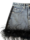 Fashion Women's Denim Skirt Zipper Spliced Feathers High Waist Solid Color Slim Female Mini Skirts Summer 2023 New
