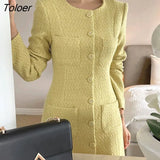 Chic Tweed Dress Women 2023 Winter Single-breasted O-neck Wool Vestido Elegant Long Sleeve Vintage Clothing