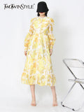 Loose Midi Dress For Women Stand Collar Lantern Sleeve High Waist Cut Out Print Colorblock Dresses Female