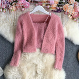 New Spring Autumn Fashion long sleeve buttonless knitted Cardigan short solid color fluffy Sweater Top with short