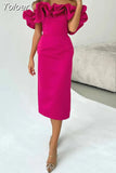 Temperament Slim Dress Women Slash Neck Short Sleeve High Waist Spliced Ruffles Solid Midi Dresses Female Summer