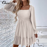 Celmia Elegant Women Ruffled Sundress 2022 Puff Long Sleeve Sexy Square Collar Mini Dress Casual Solid Pleated Party