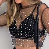Graduation party Pearl Beading Bling Rhinestone See Through Crop Top Summer Mesh T Shirt Women Party Beach Holiday Lace Tops