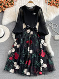 Vintage Women Black Mesh Patchwork Embroidered Midi Dress Women Elegant O-Neck Lantern Long Sleeve Big Swing Party Vestidos