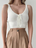 Graduation party Green Tank Top Women Sleeveless Knitted Vest Drawstring Blouses New Fashion Solid Color Sexy Streetwear Tanks and Camis Crop