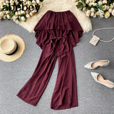 Women 2022 Spring Autumn New Office Lady Ruffles Loose Solid Full Length Rompers Sleeveless Fashion