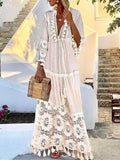 Sexy Boho Long Dress Women 2019 Fall Solid Hollow Out V-Neck Lace sexy Dresses bohemian style Plus Size Dress