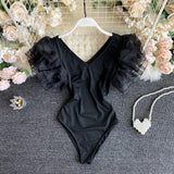 Women Summer Slim Elastic Rompers Korean V Neck Petal Sleeve Jumpsuit Fashion Casual Solid Streetwear