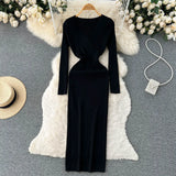 Autumn Sexy Knitted Dress Women V Neck Long Sleeve Slim Maxi Dress Female Autumn Hollow Out Sweater Long Dress