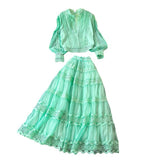 Autumn Lantern Sleeve Long-Sleeved Hollow Lace Splicing Shirt + A Word Half-Dress Dress Dress