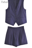 MODA 2023 Summer Women 2 Piece Sets Vintage Single Breasted V Neck Waistcoat Vest + Slim Zipper Fly Shorts Female Chic