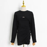 TWOTWINSTYLE Plain Suit For Women Sexy Slim Drawstring Sling Dress With O Neck Long Sleeve Pullover Female Set Female 2022