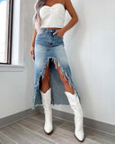 2025 Women's New Denim Skirt High Waist Irregular Hair To Do Old Water Washing Skirt