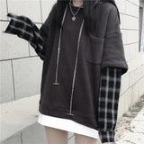 Fake Two Piece Hoodie Women Harajuku Plaid Sweatshirts Japan Kawaii Hoodie Casual Pullovers Tops Gray Oversize Basic