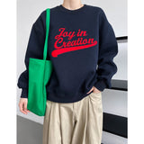 Women's Letter Embroidery Crewneck Oversized Sweatshirt Blue Beige Long Sleeve
