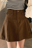Brown Denim Skirt Women Vintage Cute Korean Style High Waist Pocket A-line Pleated Mini Skirt for Girls Preppy