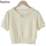 Fashion Women T Shirts Vintage Knit Cropped Sweater Tops Korean Puff Sleeve Woman Tshirts Summer 2023 Femme Ruffles