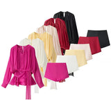 Folding Ribbon Design Loose Waist Mini Dress Shorts Set 2025 Spring And Summer Street Fashion