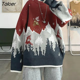 Hip Hop Snow Mountain Deer Embroidered Christmas Sweater Women Warm Winter Knitted Pullover Vintage Kawaii Fashion Big