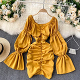 Elegant Solid Dress Women Ruched V Neck Flare Sleeve Slim Dresses Autumn Korean Fashion Streetwear Short