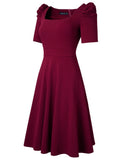 Vintage Square Collar Short Sleeves Solid A-line Midi