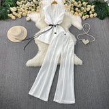 Gray West Assembly V-Neck Double Buckle Vest Sleeveless Waist Blouse + High Waist-High-Scretch Broad-Legged Trousers