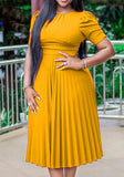 O-Neck Short Sleeves Solid Midi Pleated Plus Size Office