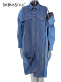 Denim Shirt Dress For Women Lapel Long Sleeve Patchwork Colorblock Midi Dresses Female Spring Clothing Style