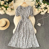 Boho Women Floral Printed dress V neck Puff-Sleeve dresses summer Ruffles beach midi