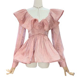 Apricot Elegant Patchwork Ruffles Tunic Women's Shirt V Neck Long Sleeve Korean Slim Fashion Woman Blouses 2021