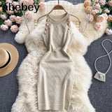 Button Details Sleeveless Knitted Bodycon Dress Women Summer Elegant Stretchy Dress Vintage Solid