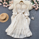 Autumn Vintage Women Lace Party Dress Elegant Round Neck Lantern Sleeve High Waist A-Line Vestidos Red/White/Black Robe New