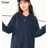 Women Fleece Hooded Sweatshirt 2022 Winter Long Sleeve Loose Hoodie Navy Warm Comfort Casual Streetwear