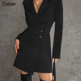 Black Office Notched Collar Dress For Women Elegant High Waist Short Dress Spring Streetwear Solid Long Sleeve Dresses