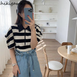 Women Clothing Korean Chic Tshirts Fashion Striped Puff Sleeve Half Zipper Tees Y2k Tops Loose Casual Vintage Summer