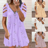 Wish Women's V-Neck Zipper Printed Short Sleeves Relaxed Casual Lavender