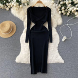 French Vinage Sexy Knitted Dress Autumn Long Sleeve Sheath Knit Dress Women 2022 Fashion Striped Knitted Long