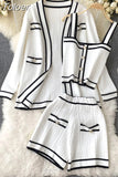 Long Sleeve V Neck Cardigan Jacket + Sling Vest + High Waist Shorts High Quality Chic Button Knitted Vintage 3 Piece