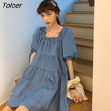 Women Dress Short Puff Sleeves Empire Loose Square Collar Lovely Folds Girlish Blue All Match Simple Casual Korean Style