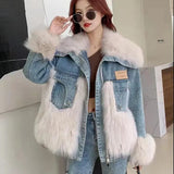 Winter Warm Loose Denim Jacket Women Oversized Fur Collar Plus Velvet Padded Jacket Vintage Cotton Thick Warm Jean