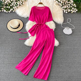 Suit Goddess Fan Irregularly Round Neck Knitted Top Two Sets Of High-Rise Thin Broad Leg