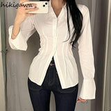 Blouses for Women Slim Waist Folds Vintage Shirts Turndown Collar Long Sleeve Slim Fit Fashion Tops 2023 Vestidos De